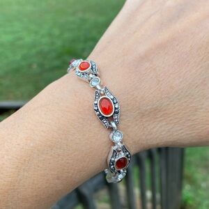 Carnelian marcasite link bracelet silver plated with crystal accents- new